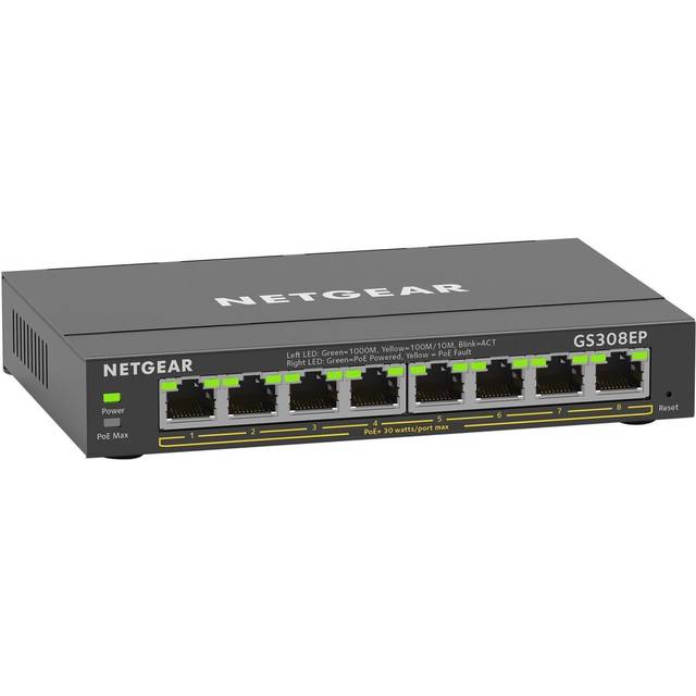 NETGEAR 8-Port Gigabit Ethernet PoE+ Plus Switch (GS308EP) Managed L2/L3 Gigabit Ethernet (10/100/1000) Power over Ethernet (PoE) Black