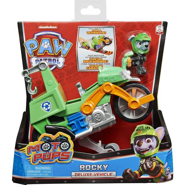 Paw Patrol Moto Pups Rockys Deluxe Pull Back Motorcycle Vehicle with Wheelie Feature and Figure Multicolor X-Large