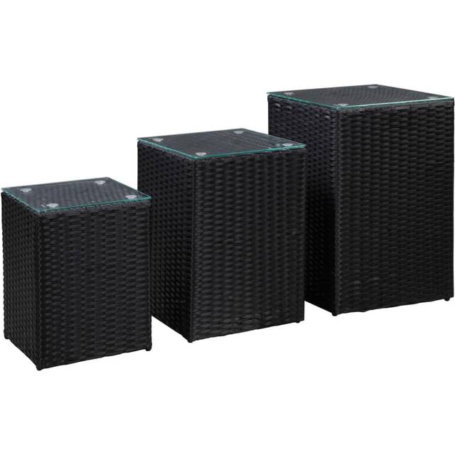 vidaXL Side Tables 3 pcs with Glass Top Black Poly Rattan