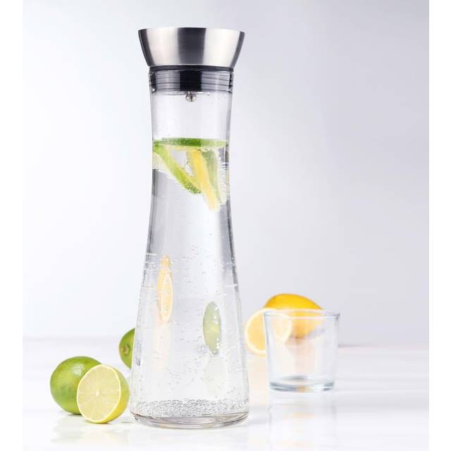 Hushåll internationell vattenkaraff glas (1 liter) – glaskaraff med lock och hällare, vattenflaska glas och rostfritt stål, karaff för vatten, vin och co