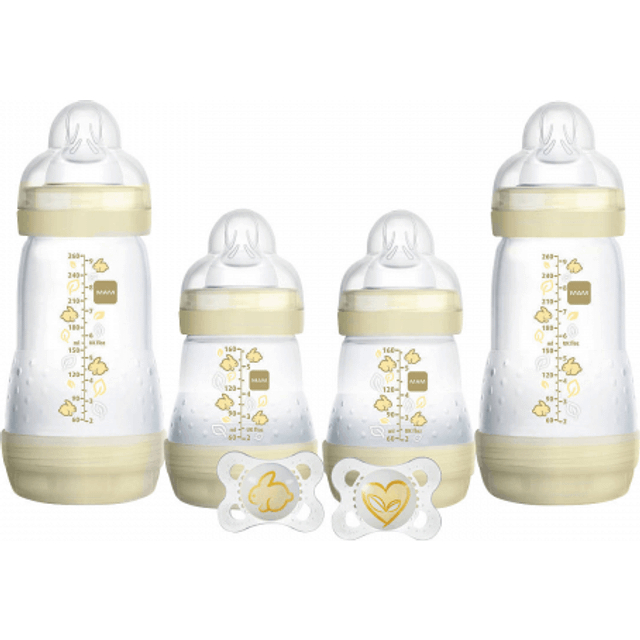 MAM Feed and Soothe Set, Anti-Colic Newborn Bottle Set Complete with Baby Soothers, Suitable from 0+ Months, Ideal Baby Gift Set For New Parents, Ivory (Designs May Vary)
