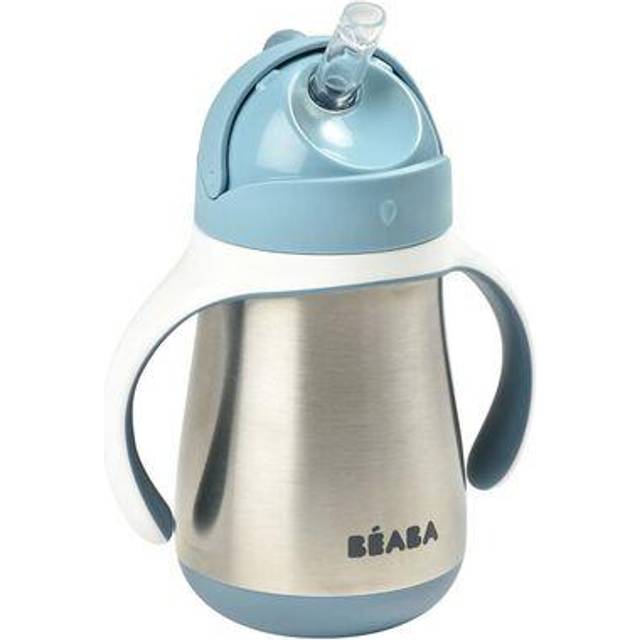 BÉABA - 2-i-1 Sippy Cup - Småbarnskopp - Barnbägare med sugrör - 100 % vattentät - Lätt att öppna - Löstagbara handtag - Inox - 250 ml - Blå