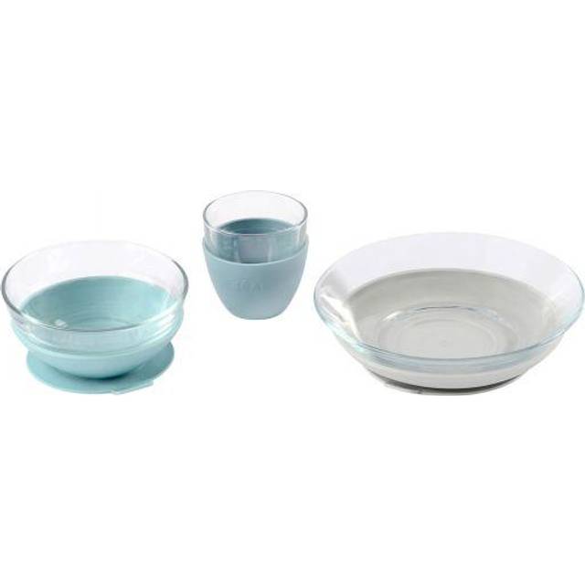 BÉABA & Duralex – Matningsmålsset – set med 3 delar: Tallrik + skål + kopp – med silikonsugplatta – ergonomisk, anpassningsbar, säker – baby och barn – tillverkad i Frankrike – grön