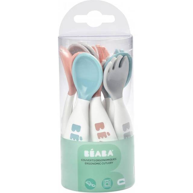 Béaba – ergonomiskt första bestick – 6 skedar och 4 gafflar – kort, rundat handtag – babyvänlig, lämplig för höger- och vänsterhänta användare – grå/blå/rosa