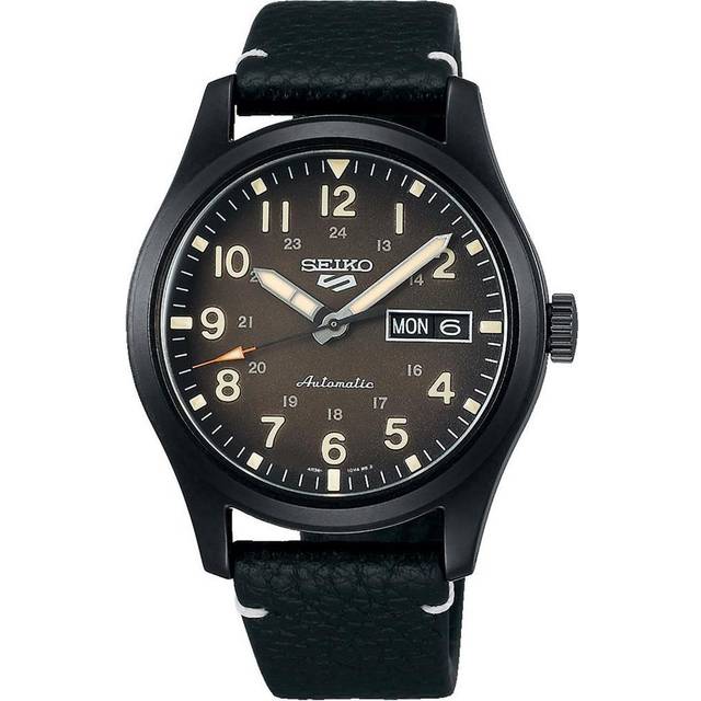 Seiko 5  Men&apos;s Black Leather Field Collection Automatic Watch