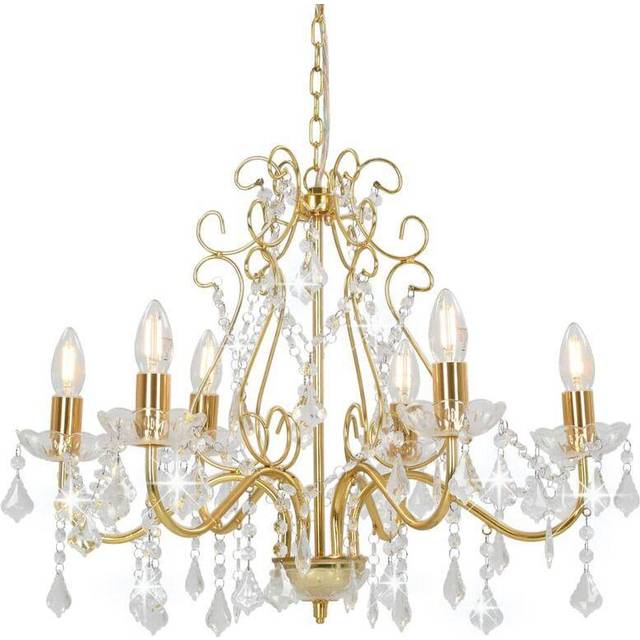 vidaXL Chandelier with Crystal Beads Golden Round 6 x E14