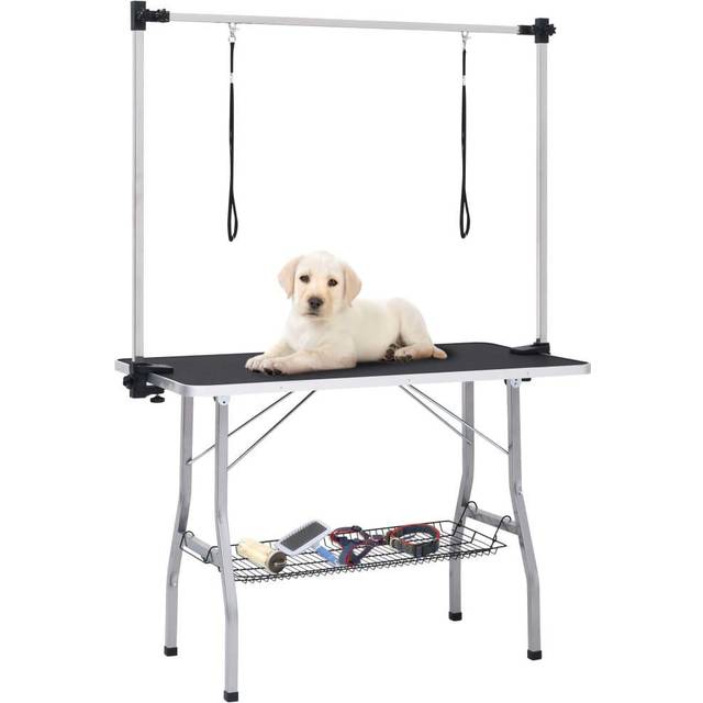 vidaXL Adjustable Dog Grooming Table with 2 Loops and Basket, Black