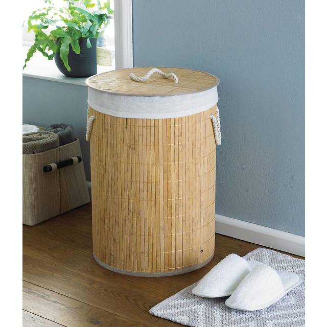 Round Natural Bamboo Laundry Basket Eco Friendly Hamper 50cm - Natural