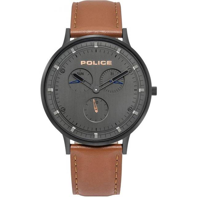 Police, Watches, male, Gray, ONE SIZE, Mens Watch Quartz 42mm Stainless Steel Grey Calfskin Brown