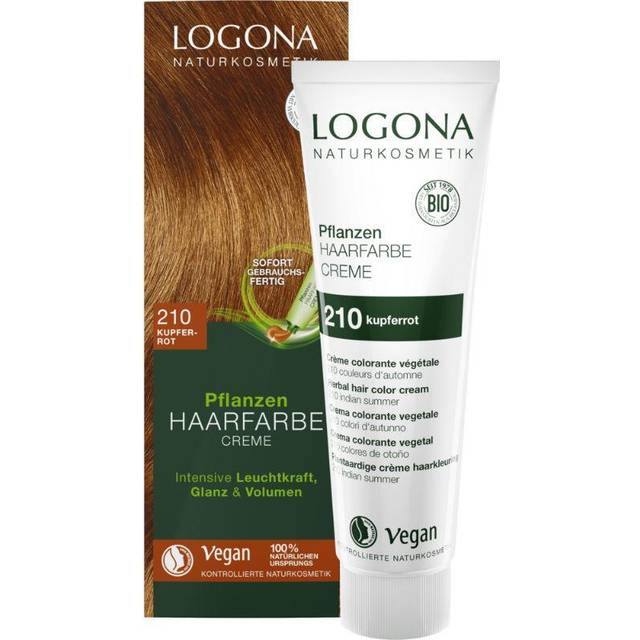 LOGONA Naturkosmetik växthårfärg kräm 210 kopparröd, kopparröd natur hårfärg med henna, vegansk färgkräm för permanent färgning, mild färgning för glänsande hår, 150 ml