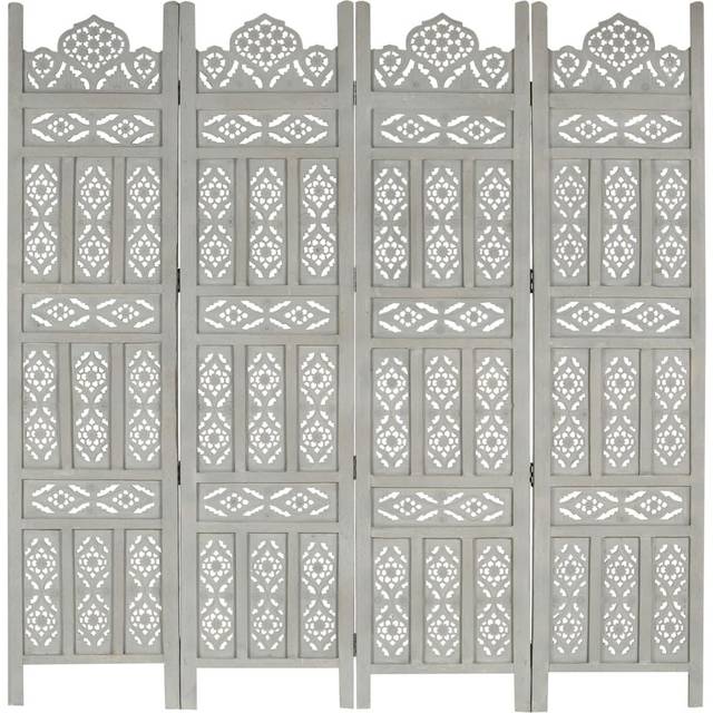 Rumsavdelare 4 paneler handsnidad vit 160x165 cm mangoträ