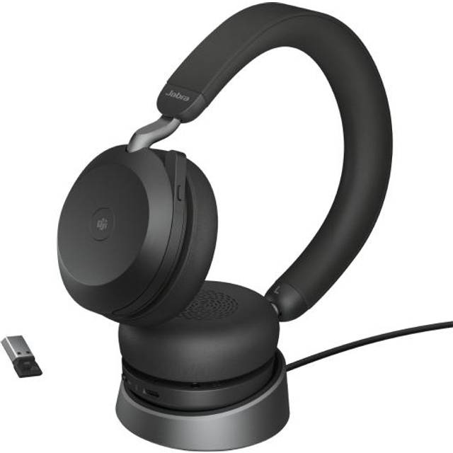 Jabra Evolve2 75 trådlöst PC-headset med laddningsstation och 8 mikrofoner - stereohörlurar med dubbelt skum och avancerad aktiv bullerdämpning, USB-A Bluetooth-adapter och MS-kompatibilitet - svart