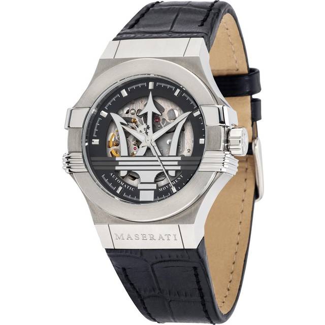 Maserati Potenza Men's Skeleton Logo Dial Black Leather Strap Watch