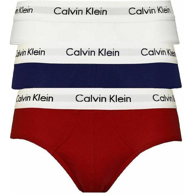 Mens 3 Pack Calvin Klein Cotton Stretch Hip Briefs White / Red Ginger / Pyro Blue Extra Large - Multi Coloured
