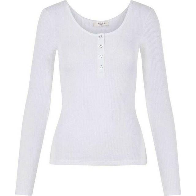 Pieces Kitte Button Front Ribbed Top - Bright White