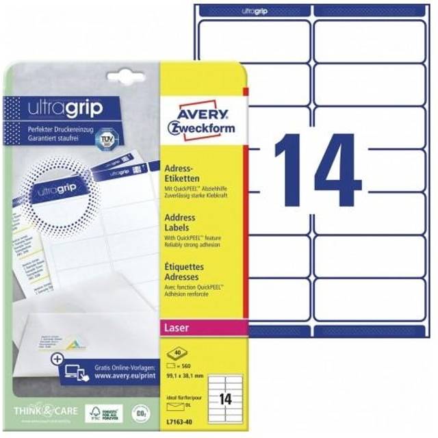 Avery Självhäftande adressetiketter, laserskrivare, 14 etiketter per A4-ark, 560 etiketter, UltraGrip (L7163), vit