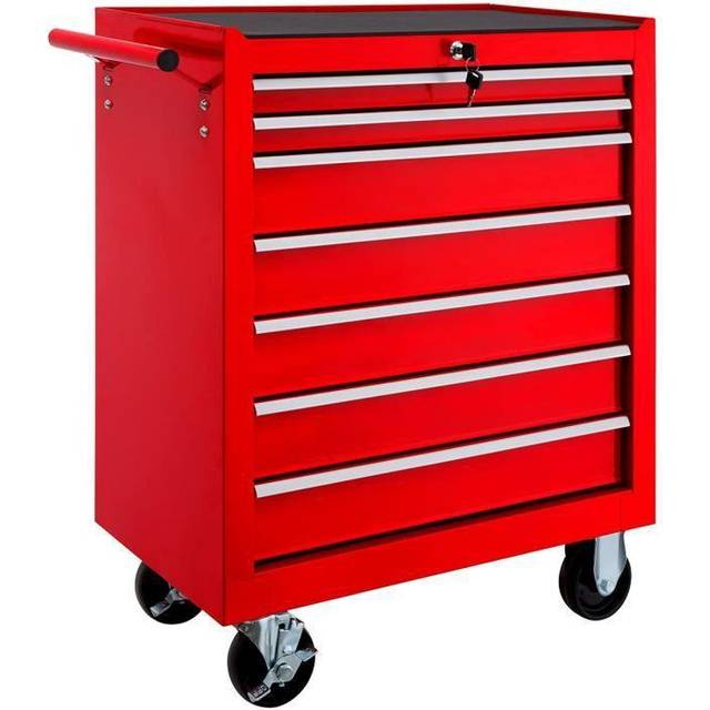 Tectake - Tool Box - with wheels, 7 drawers, central locking system - tool box, tool box on wheels, tool cabinet - red