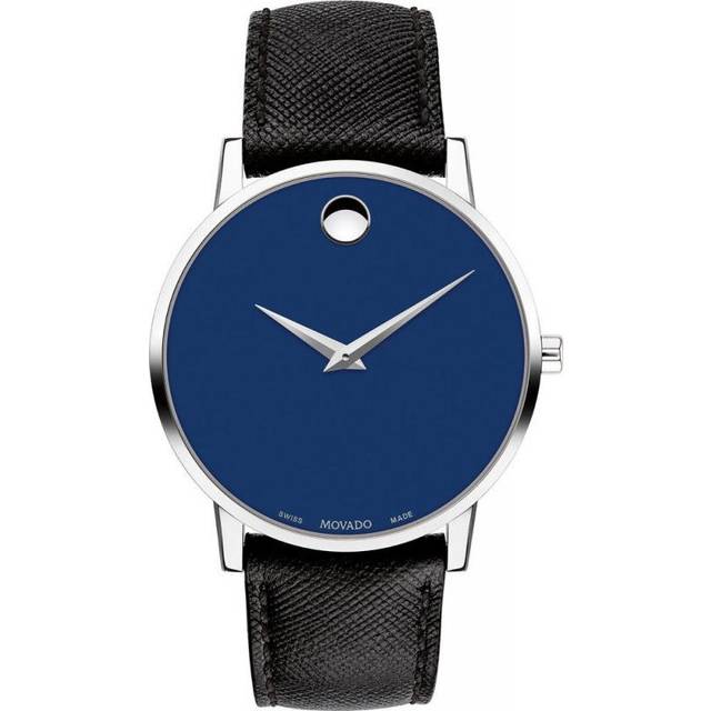 Movado herrmuseum klassiskt 40 mm svart läderband schweizisk kvartsklocka 0607197