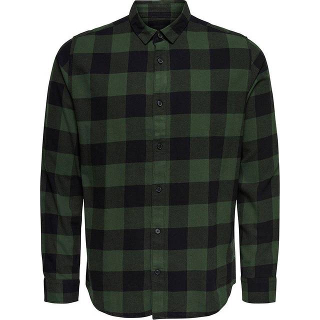 Checked Cotton Shirt in Regular Fit with Long Sleeves - Khaki Green