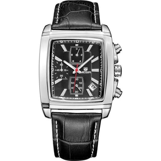 MEGIR Men's Business Analog Chronograph Luminous Rectangle Quartz Watch with Stylish Leather Strap for Sport & Work 2028 black