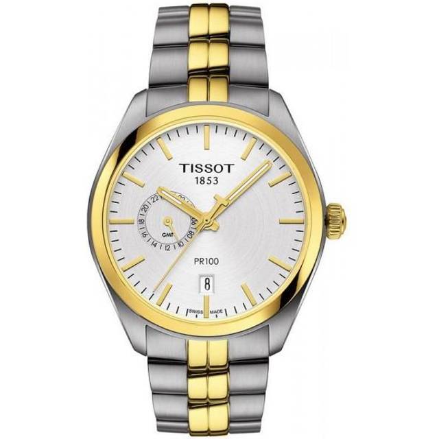 TISSOT PR 100 Dual Time 39MM Two-Tone Silver Dial Watch T101.452.22.031.00 / T1014522203100 - 39 mm
