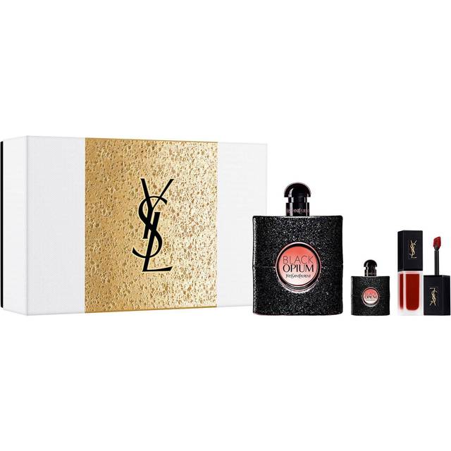 Ysl black opium gift set, 90ml edp spray + 7.5ml edp mini + 6ml lipstick no 206