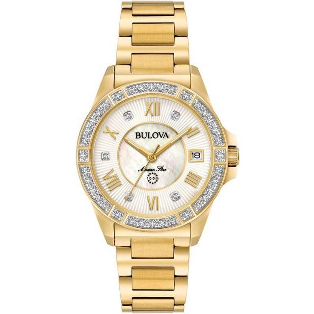Bulova Women's Marine Star Diamond Date Bracelet Strap Watch, Gold 98R235