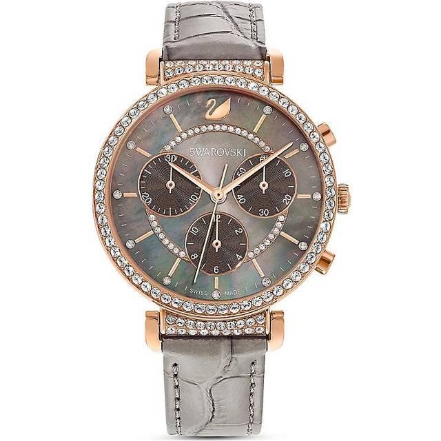 Passage Chrono watch, Swiss Made, Leather strap, Grey, Rose gold-tone finish