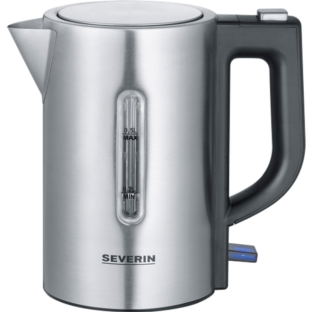 SEVERIN Travel Kettle Set, mini resekokare för 0,5 L, elektrisk vattenkokare med två plastmuggar & två skedar, borstat rostfritt stål/svart, WK 3647
