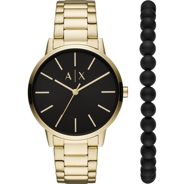 Armani Exchange Men's Black Stainless Steel Watch & Leather Bracelet Gift Set