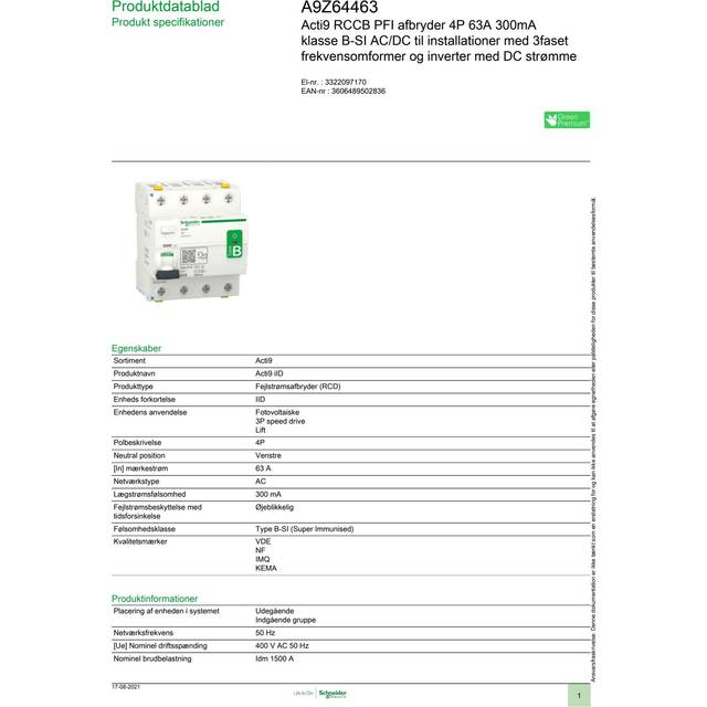 Schneider Acti9 RCCB PFI afbryder 4P 63A 300mA klasse B-SI AC/DC til installationer med 3faset frekvensomformer og inverter med DC strømme A9Z64463