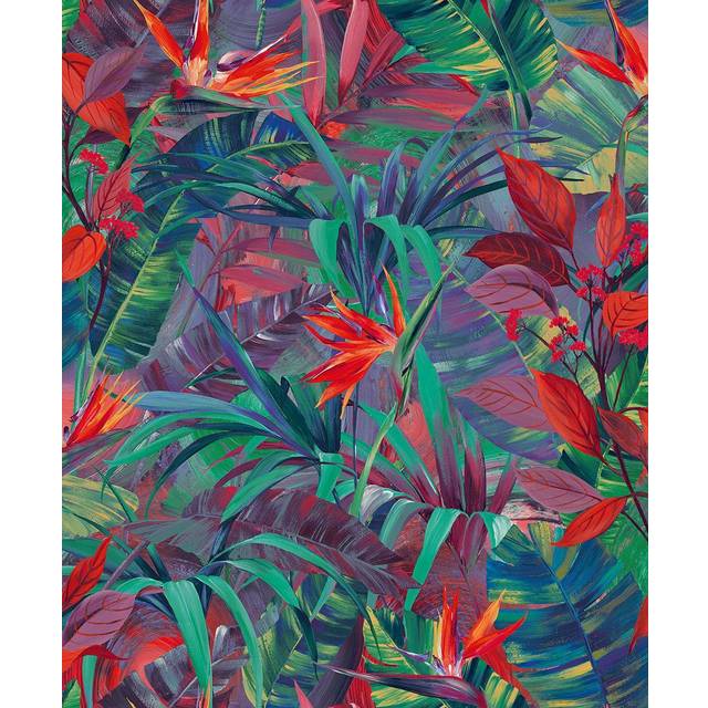 Grandeco Paradise Jungle Painted Flower Red & Green Textured Wallpaper 10m x 53cm, Red