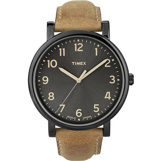 Timex Mens Indiglo Watch Brown Leather Strap Black Dial T2N677
