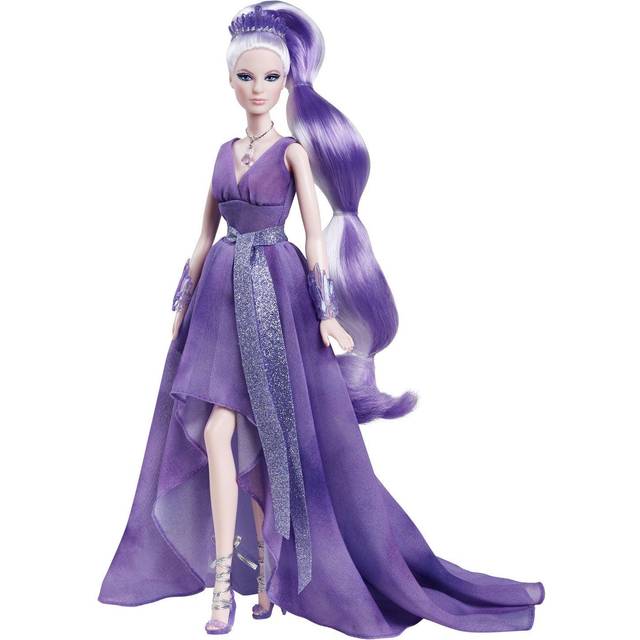 âBarbie Crystal Fantasy Collection Amethyst Doll (13-in, Platinum Hair) with Genuine Amethyst Stone Necklace, Wearing Gown and Accessories, Gift for