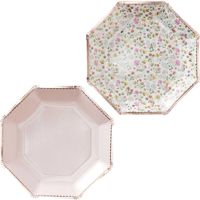 Pappteller mit Blumen- und Punktemuster, 8er Pack, Ø 23cm