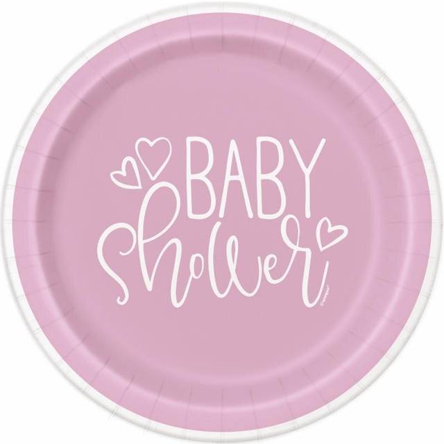 Unique Party 73365 23cm Pink Hearts Baby Shower Paper Plates, Pack of 8