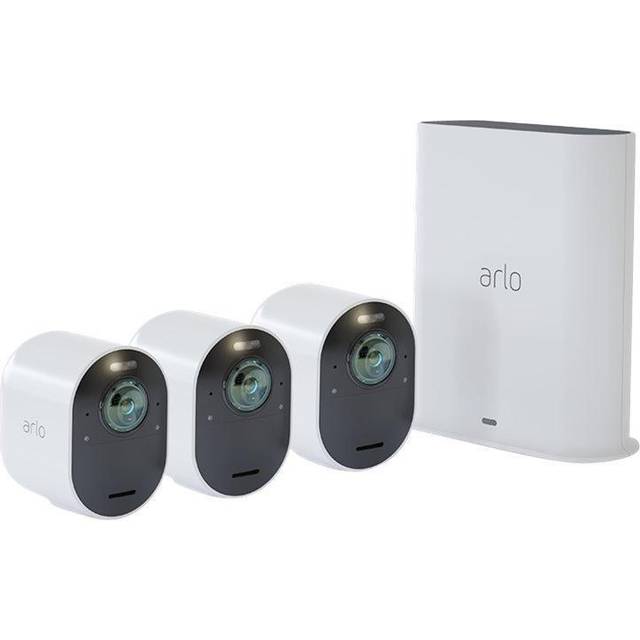 Arlo Ultra 2 säkerhetskamera utomhus, 4K UHD, trådlös CCTV, 6-månaders batteri, färg nattvision, väderbeständig, ljus spotlight, 2-vägs ljud, 3-kamera-kit, gratis testversion av Arlo Secure, vit