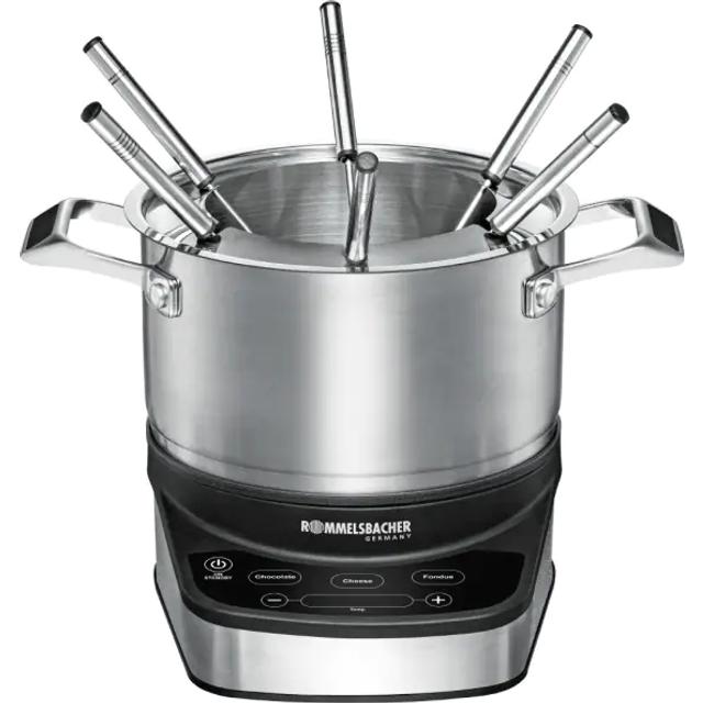 ROMMELSBACHER Elektrisk fondue-set F 1200 – fondukruka av rostfritt stål (2,5 liter), 6 fonduegafflar, 3 program, extra lång kabel, hög temperaturnoggrannhet, 1 200 watt