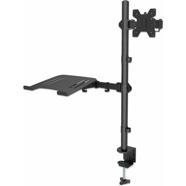 Manhattan TV & Monitor & Laptop Combo Mount, Desk, Full Motion, 1 screen, Screen Sizes: 10-27", Laptop up to 17", Black, Clamp Assembly, VESA 75x75 to 100x100mm, Max 8kg, Lifetime Warranty