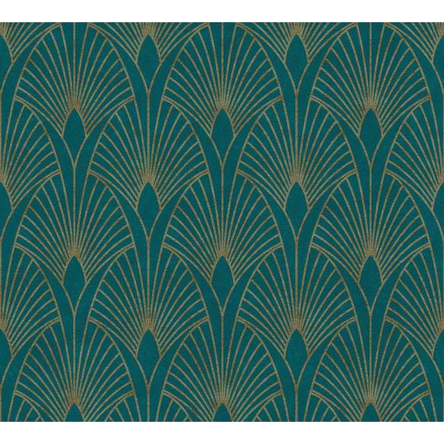 A.S Creation Art Deco Fan Teal Metallic Gold Wallpaper Textured Vinyl
