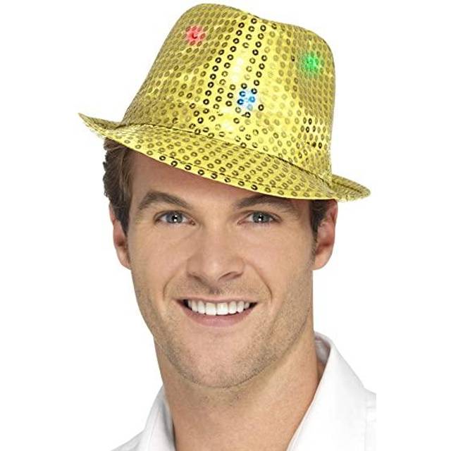 Flashing Sequin Hat - Gold - Light Up Trilby Fancy Dress LED Festival Party -  light up sequin trilby hat fancy dress gold led festival party