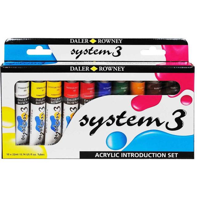 Daler-Rowney System3 akryl introduktionsset, 10 x 22 ml rör, blandade livliga färger, flera ytor, perfekt för professionella konstnärer och studenter
