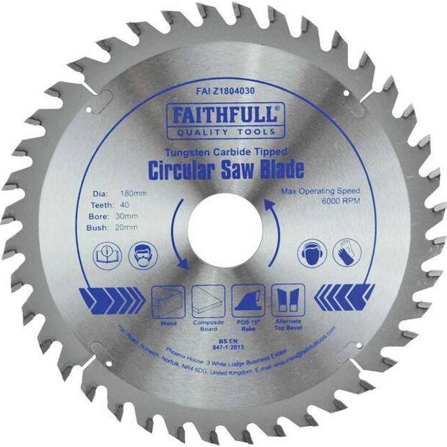 Faithfull Fine Cross Cut TCT Circular Saw Blade 180mm 40T 30mm