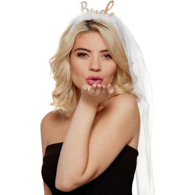 Bride Headband, White Veil with Gold Glitter 'Bride' and Feathers
