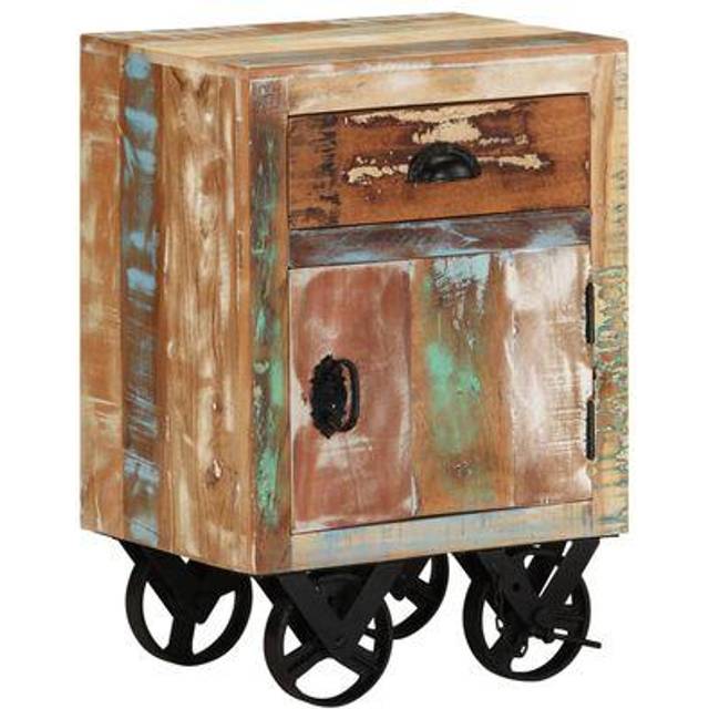 vidaXL Bedside Cabinet with Wheels 40x30x57 cm Solid Reclaimed Wood - Multicolour