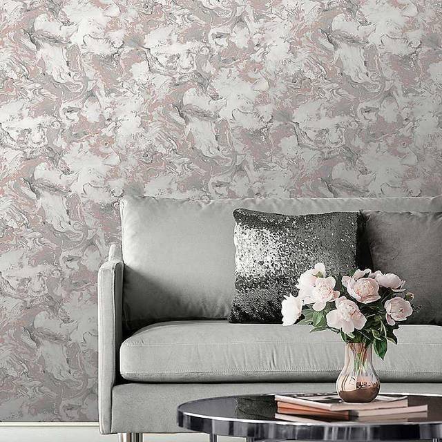 Muriva Elixir Liquid Marble Effect Wallpaper Rose Gold Silver Metallic Shimmer