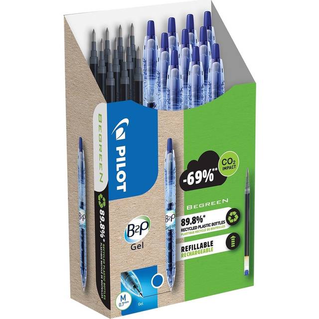 Pilot Greenpack B2p Eco Gel - Medium 0.7mm Tip - Blue Ink - 10 Pens + 10 Refills