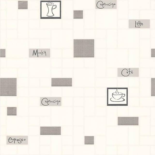 Contour Cafe Culture Kitchen Grey/White Tiled Washable Typography Wallpaper (1,000cm L X 52cm W)