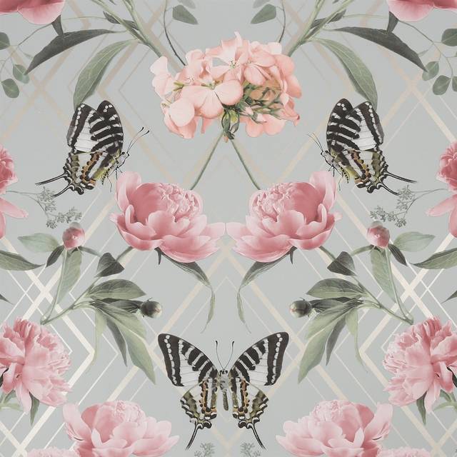 Sublime Botanical Floral Trellis Grey and Pink Floral Wallpaper (WAS 15.99)