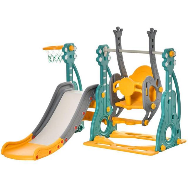 HOMCOM 3-IN-1 Kids Swing and Slide Set with Basketball Hoop Slide Swing Adjustable Seat Height Toddler Playground Activity Center Indoor and Outdoor P